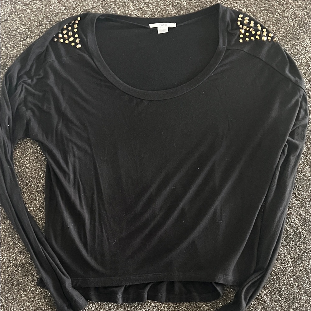 Bar III Black Long-Sleeve Top with Gold Stud Shoulders
